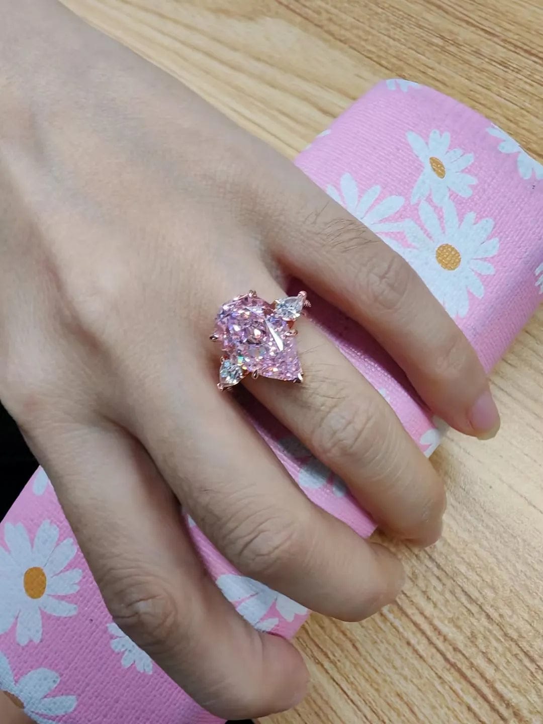 Customer photo review of Majestic Pear Cut 4.0ct Pink Stone Three Stone Engagement Ring In Sterling Silver