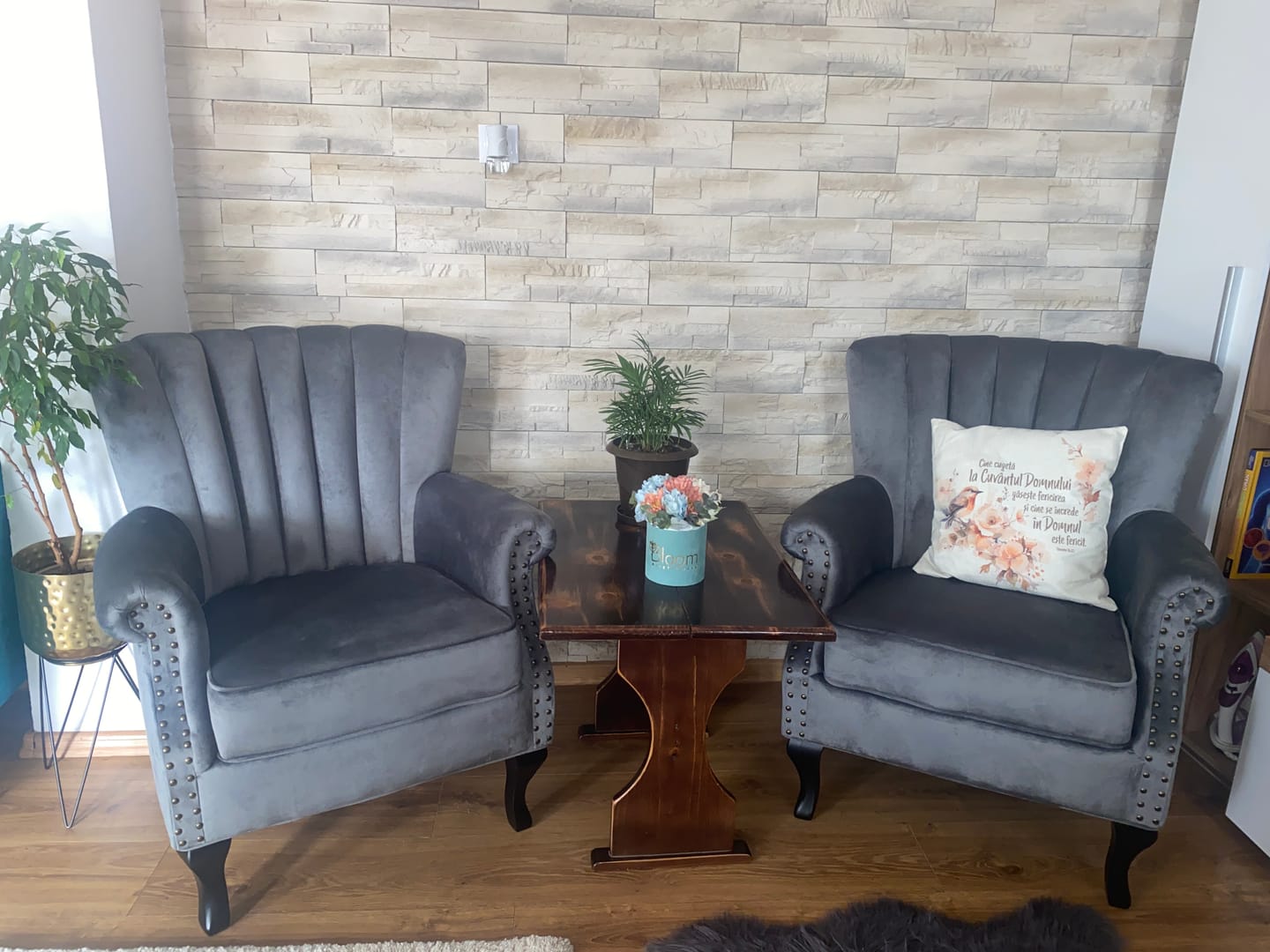 Customer photo review of Fotoliu TITAN, gri/negru, stofa catifelata/lemn, 73x70x87 cm