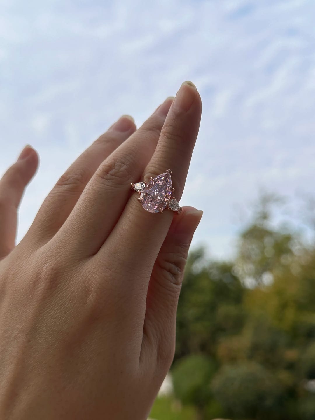 Customer photo review of Majestic Pear Cut 4.0ct Pink Stone Three Stone Engagement Ring In Sterling Silver