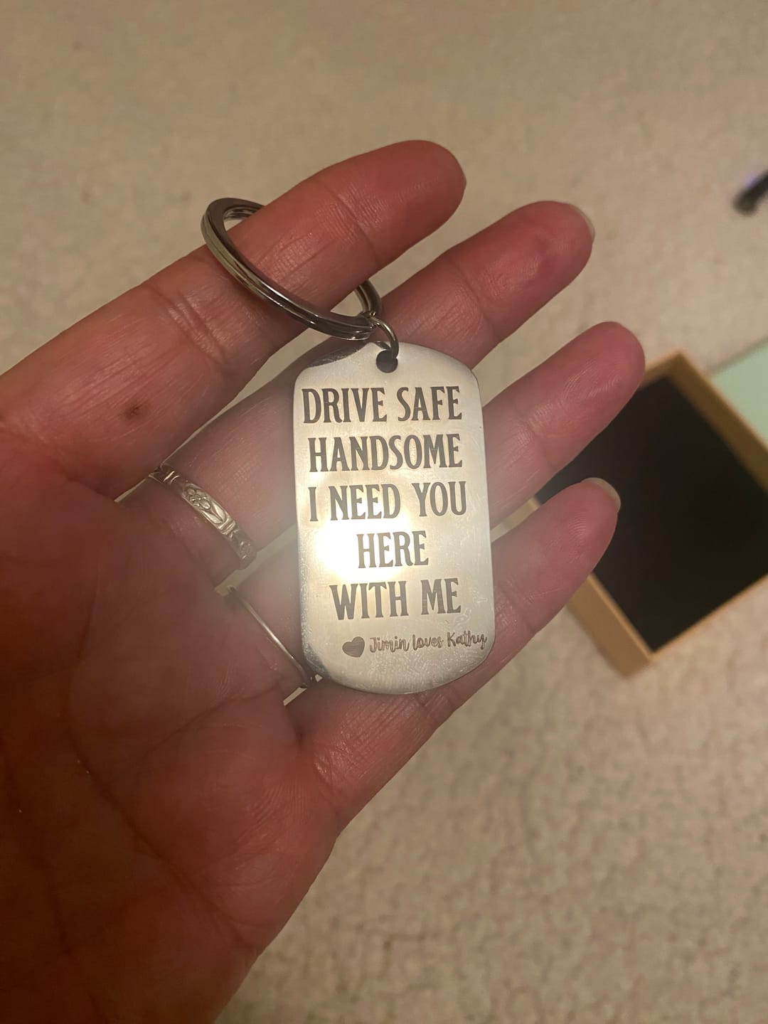 Customer photo review of Drive Safe - Personalized Engraved Stainless Steel Keychain