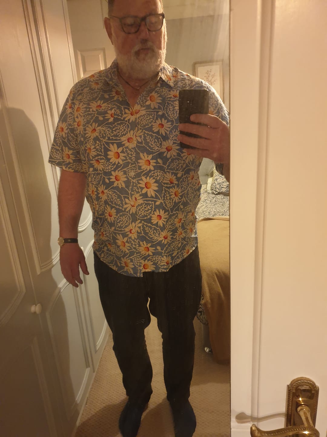 Customer photo review of Men's Retro Beach Hawaiian Cotton Holiday Button Up Blue Short Sleeve Floral Shirt