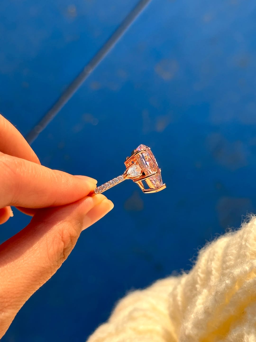 Customer photo review of Majestic Pear Cut 4.0ct Pink Stone Three Stone Engagement Ring In Sterling Silver