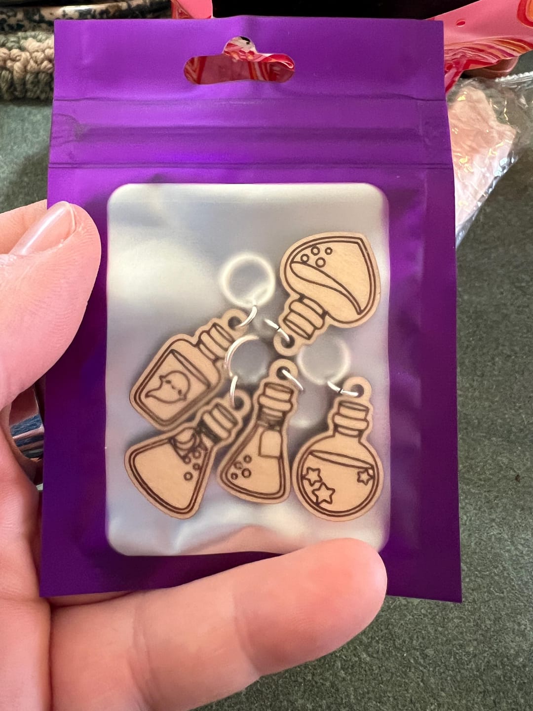 Customer photo review of Set of 5 Laser Engraved Stitch Markers - Halloween Potions