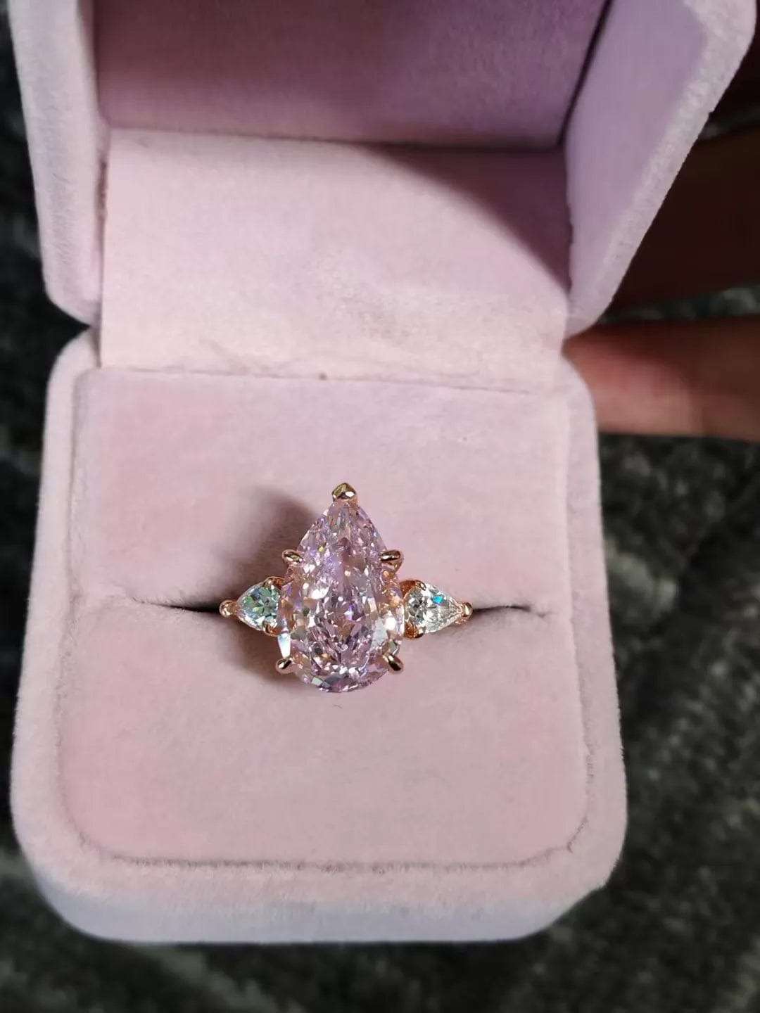 Customer photo review of Majestic Pear Cut 4.0ct Pink Stone Three Stone Engagement Ring In Sterling Silver