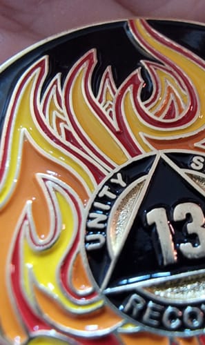 Customer photo review of 13 Year Sobriety Mint Twisted Flames Gold Plated AA Recovery Medallion/Chip/Coin - Black/Red/Orange/Yellow