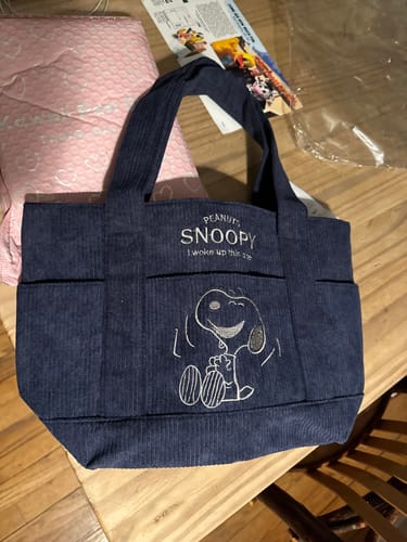 Customer photo review of Peanuts Snoopy Corduroy Tote Bag - I Woke Up This Cute (4 Colors)