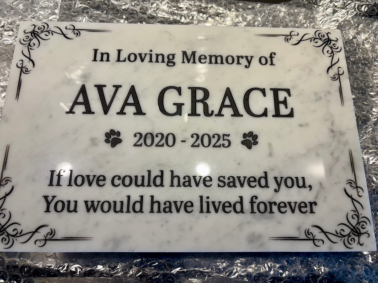 Customer photo review of Pet Grave Plaque Marble Marker, Pet headstones, Custom Outdoor Engraved Pet Stone In Loving Memory