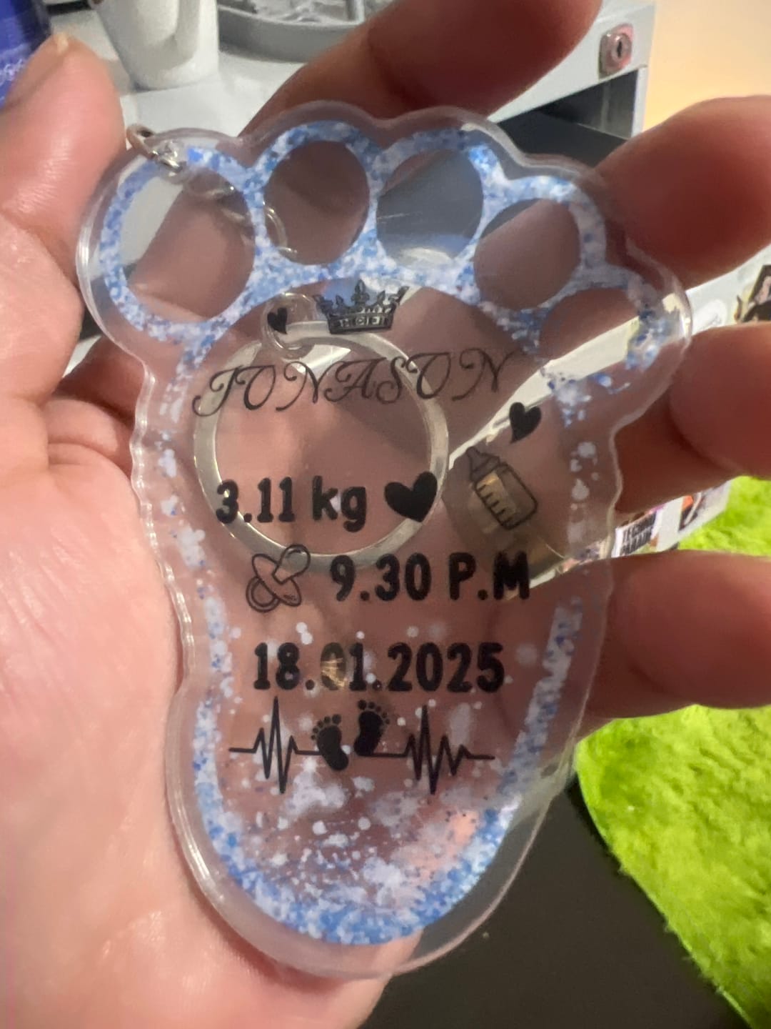 Customer photo review of Personalized New Baby Foot Acrylic Keychain