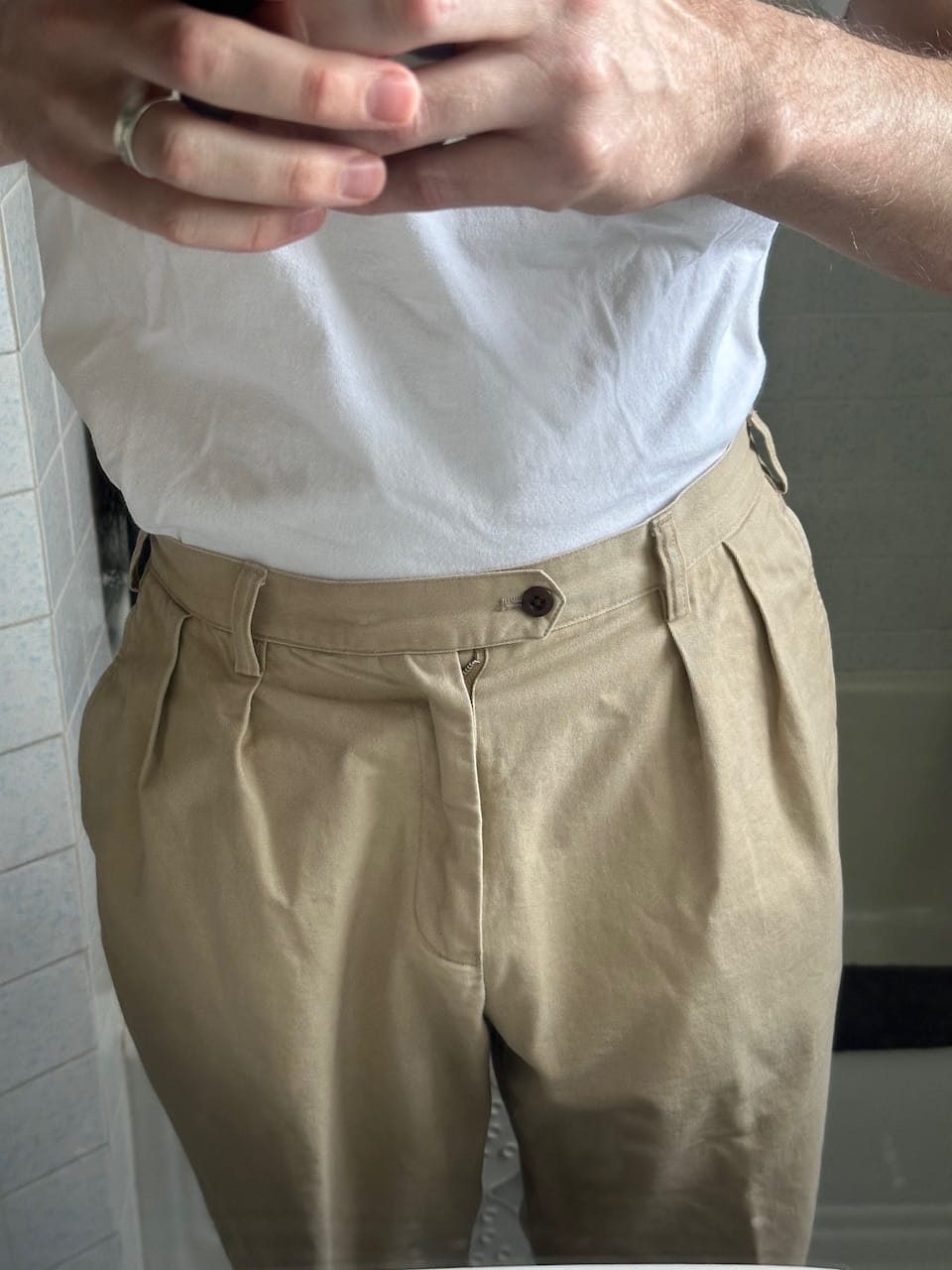 Customer photo review of 1930s IVY Style Double Pleated Chino Trousers - Khaki