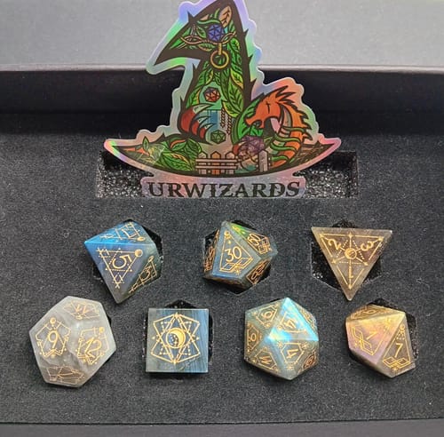 Customer photo review of URWizards D&D Labradorite Engraved Dice Set Astrology Style