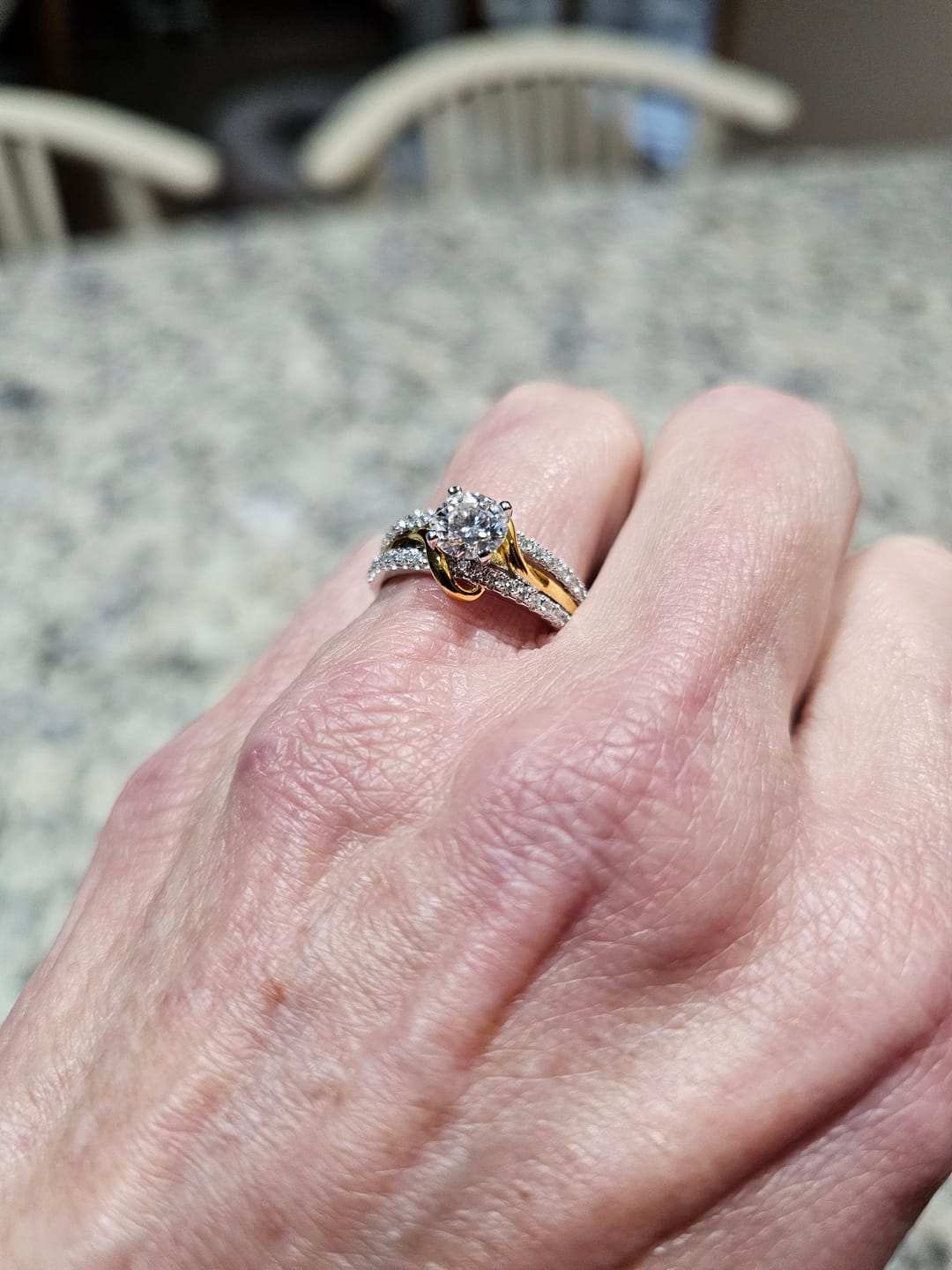 Customer photo review of Round Moissanite Two Tone Vine Split Shank Pave Engagement Ring