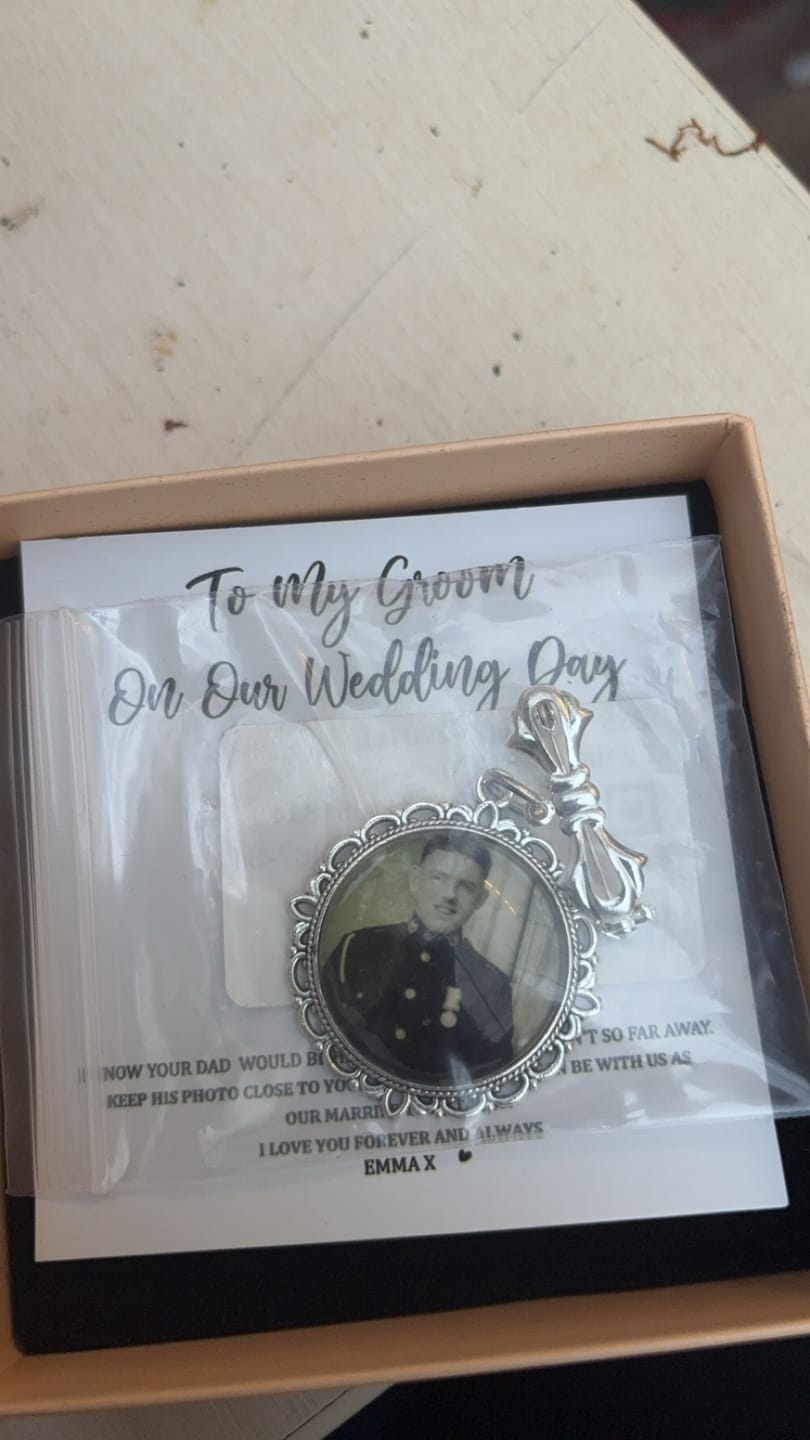 Customer photo review of Keep Photo Close To Your Heart - Custom Memorial Photo Personalized Bow Pin - Wedding Gift For Groom, Bride