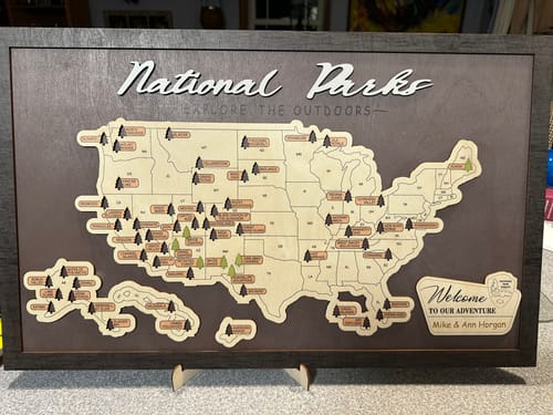 Customer photo review of US Wooden National Parks Travel Map With Trees To Record Park Visits (Coffee)