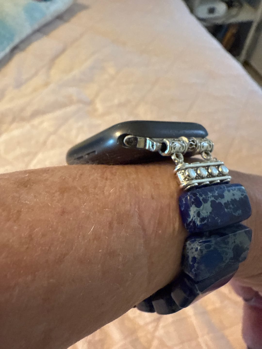Customer photo review of Dark Navy Tibetan Jasper Stretch Apple Watch Strap