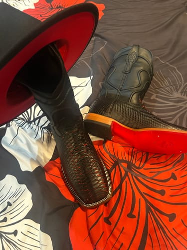 Customer photo review of Matte Black Cherry Python Leather Boots - Square Toe