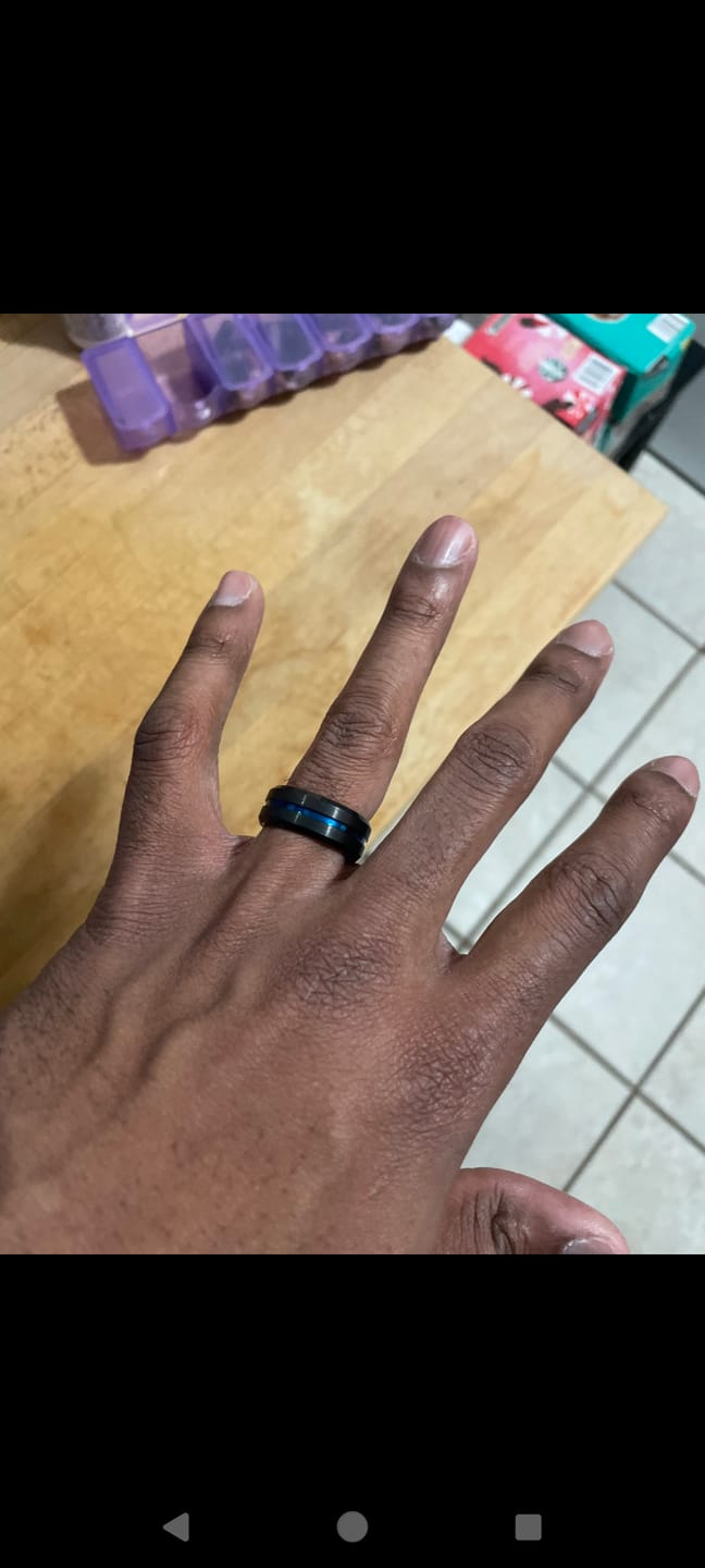 Customer photo review of 8mm - Black Blue Tungsten Carbide Ring - Grooved Beveled Edges - Wedding Band