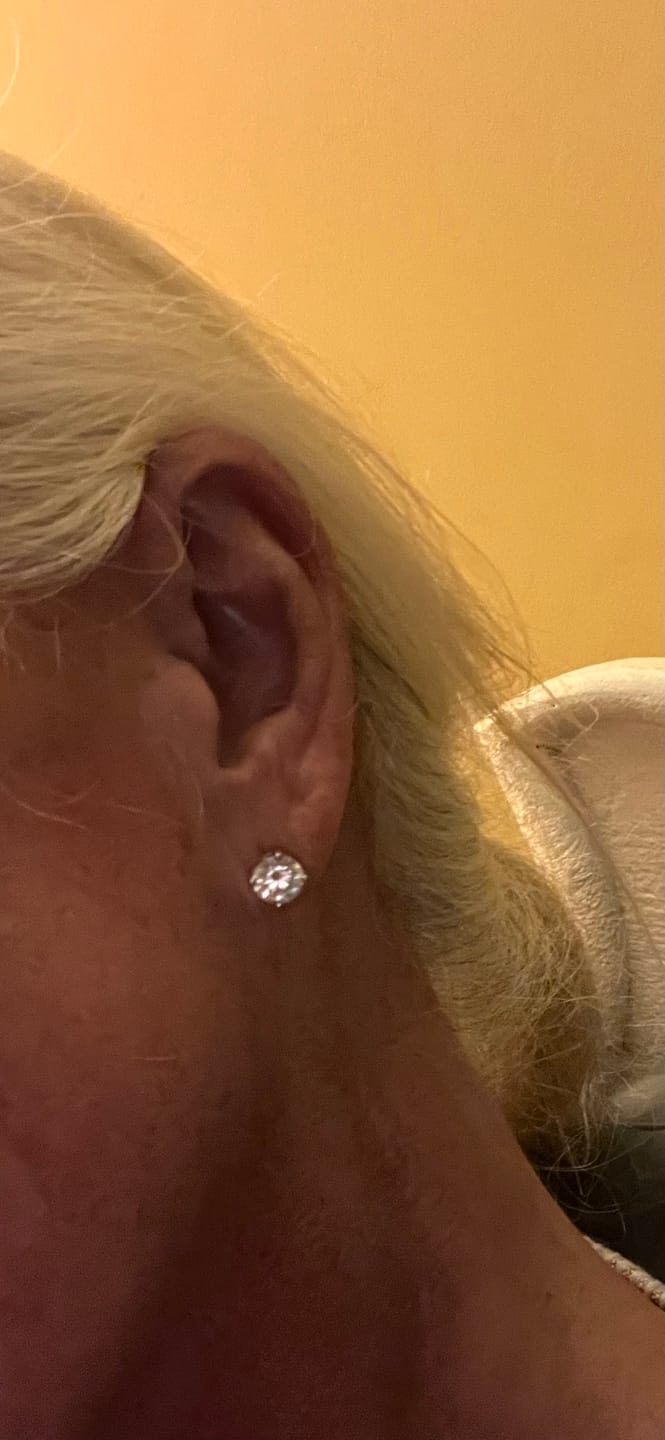 Customer photo review of Round Solitaire Stud Earrings - Moissanites