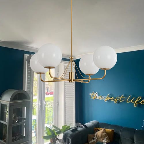 Customer photo review of Mid-century Modern Symmetrical 4-Light Opal Glass Sphere Chandelier