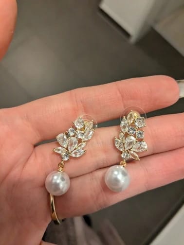 Customer photo review of ROSALIND LUXURY CUBIC ZIRCONIA & SIMULATED PEARL DROP EARRINGS IN GOLD OR SILVER