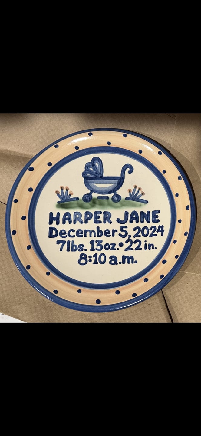 Customer photo review of Premium Personalized Birth Plate - Baby Buggy