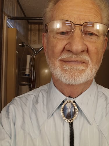 Customer photo review of Bolo Tie- w/ Wolf & Moon