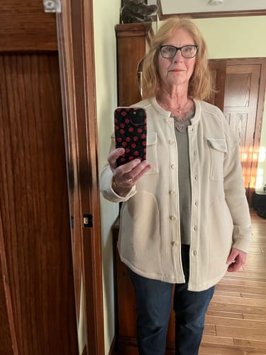 Customer photo review of Oaklynn Waffle Shacket • Final Sale Deals! - Oatmeal