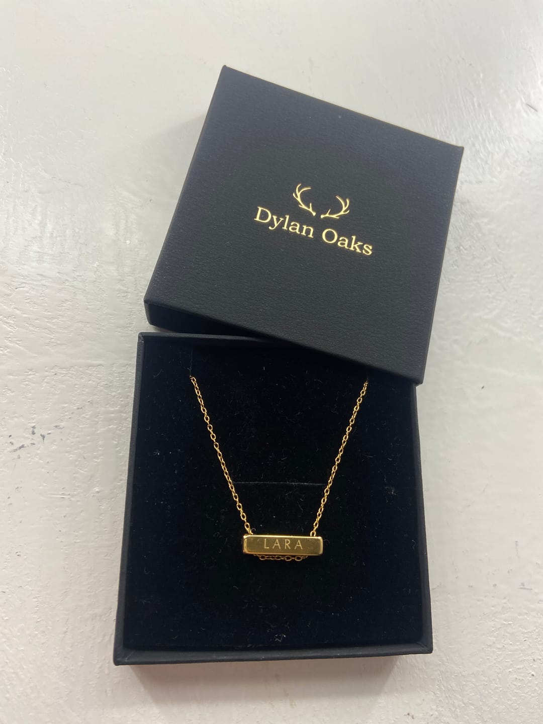 Customer photo review of 2cm Letter Bar Necklace Gold Horizontal