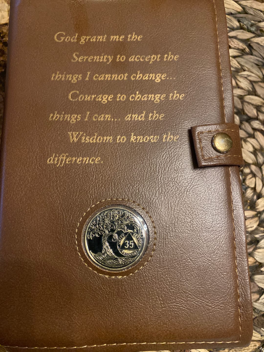 Customer photo review of 1 to 65 Year Sobriety Mint Twisted Tree of Life Gold Plated AA Recovery Medallion/Chip/Coin - Black