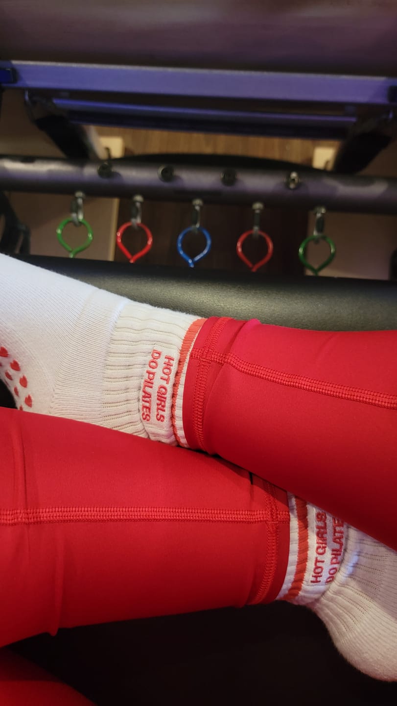Customer photo review of Hot Girls Do PILATES Socks - WHITE/RED