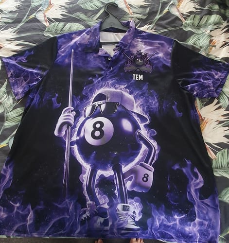 Customer photo review of Maxcorners Billiard Funny Fire 8 Ball Multicolor Options Personalized Name, Team Name 3D Polo Shirt (4 Colors)