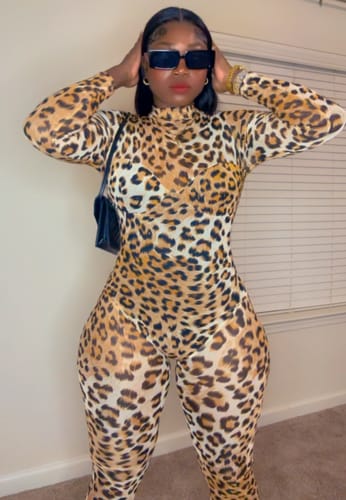 Customer photo review of Brianne Mesh Leopard Jumpsuit