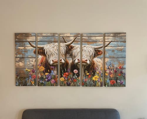 Customer photo review of Cute Highland Cow Canvas Wall Art - Rustic Farmhouse Decor with Colorful Flowers Perfect Wall Art for Living Room, Kitchen, Barn or Bathroom