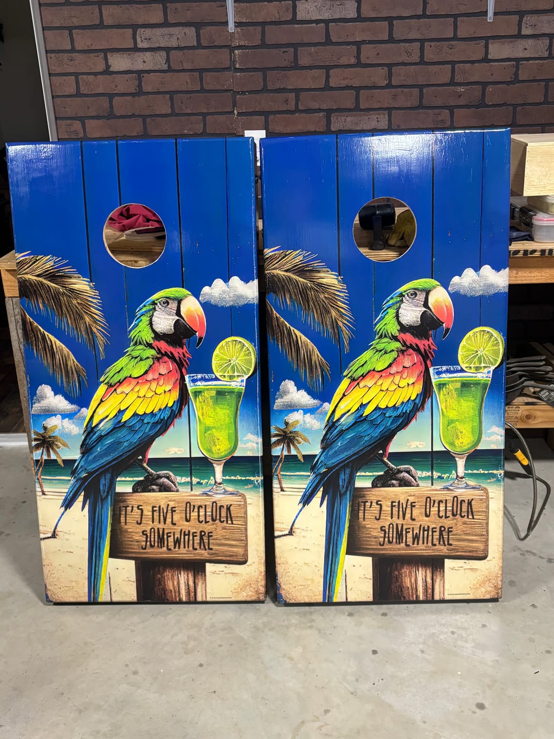 Customer photo review of It's 5 O'clock Somewhere - Cornhole Board Wrap - Set of 2
