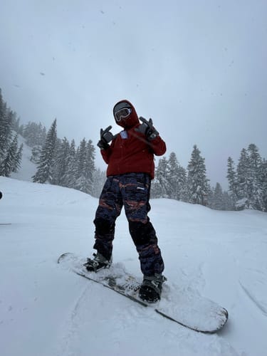 Customer photo review of Men's Grey & Red Wave Relaxed-Fit Snow Bibs with Knee Reinforcements