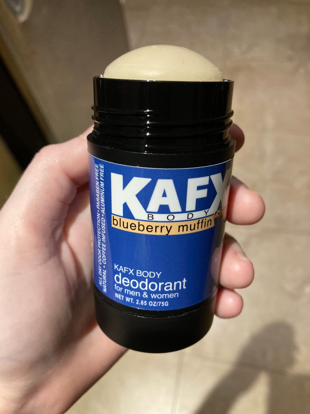 Customer photo review of Blueberry Muffin KAFX Body Natural Coffee Infused Deodorant