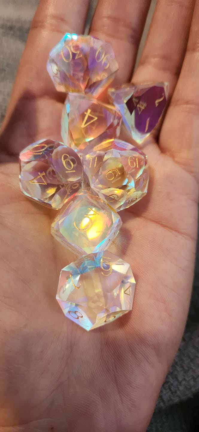 Customer photo review of URWizards D&D Multi-faceted Prism Glass Engraved Dice Set