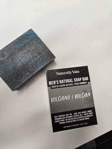 Customer photo review of Volcano: Cold Processed Mens Soap Bar with Charcoal + Cedarwood for Oily Skin