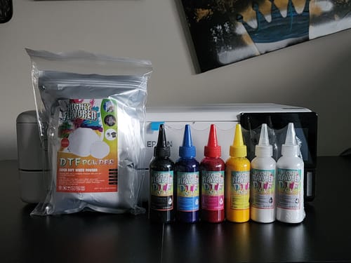 Customer photo review of DTF Starter Bundle: A3+(13x19) Hot Peel, 500g Soft Powder & 100ml Ink Set