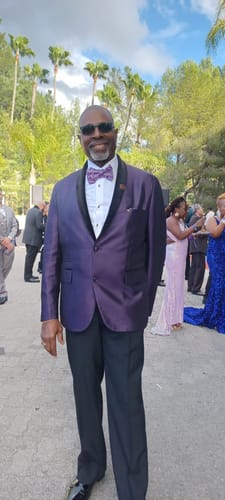 Customer photo review of Luxury Purple Paisley Self-tied Bow Tie Pocket Square Cufflinks Set