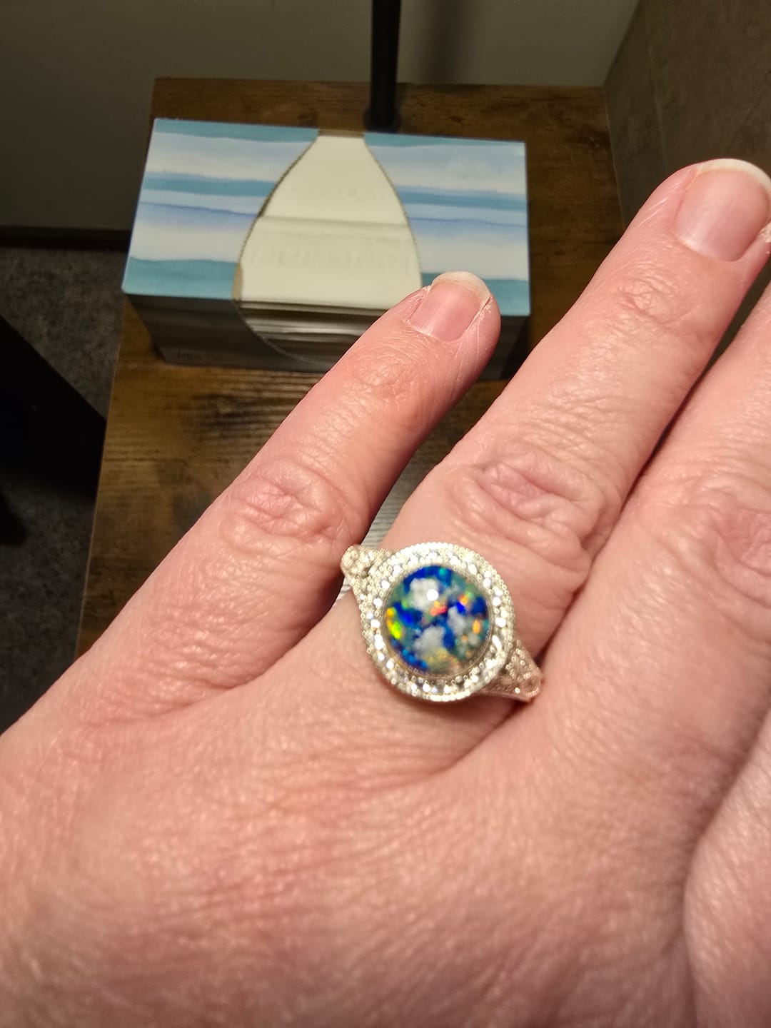 Customer photo review of Bedazzled Filigree Circle Opal Cremation Ring