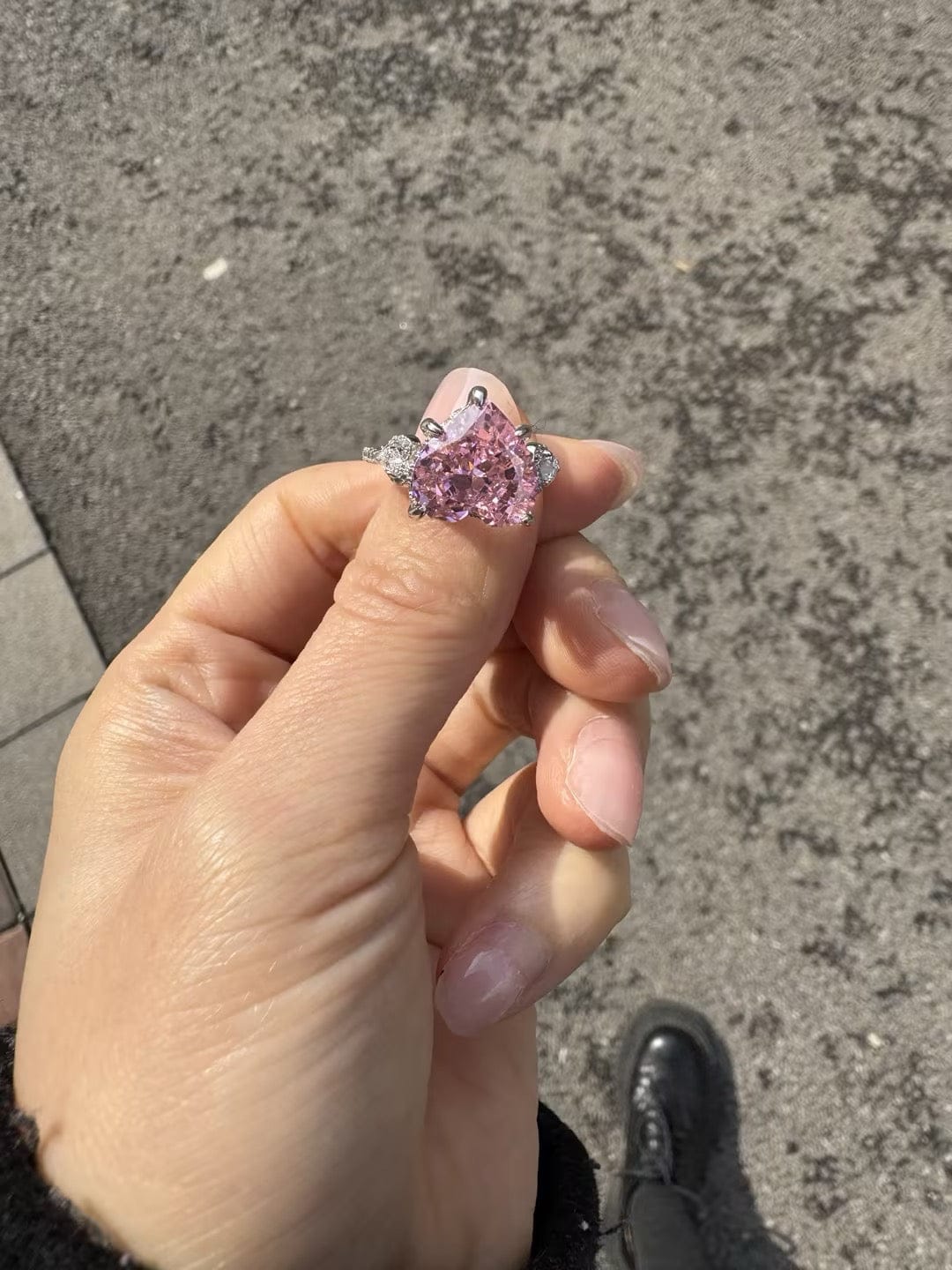 Customer photo review of S925 5.0Ct Heart Cut Royal Romantic Pink Stone Heart Cut Engagement Ring In Sterling Silver