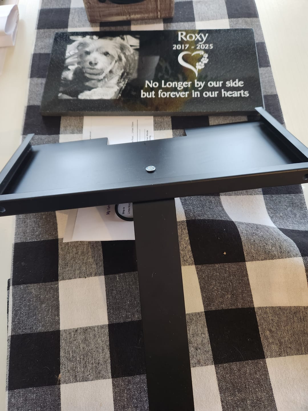Customer photo review of Personalized Outdoor Black Granite Dog Memorial Plaque with Stake