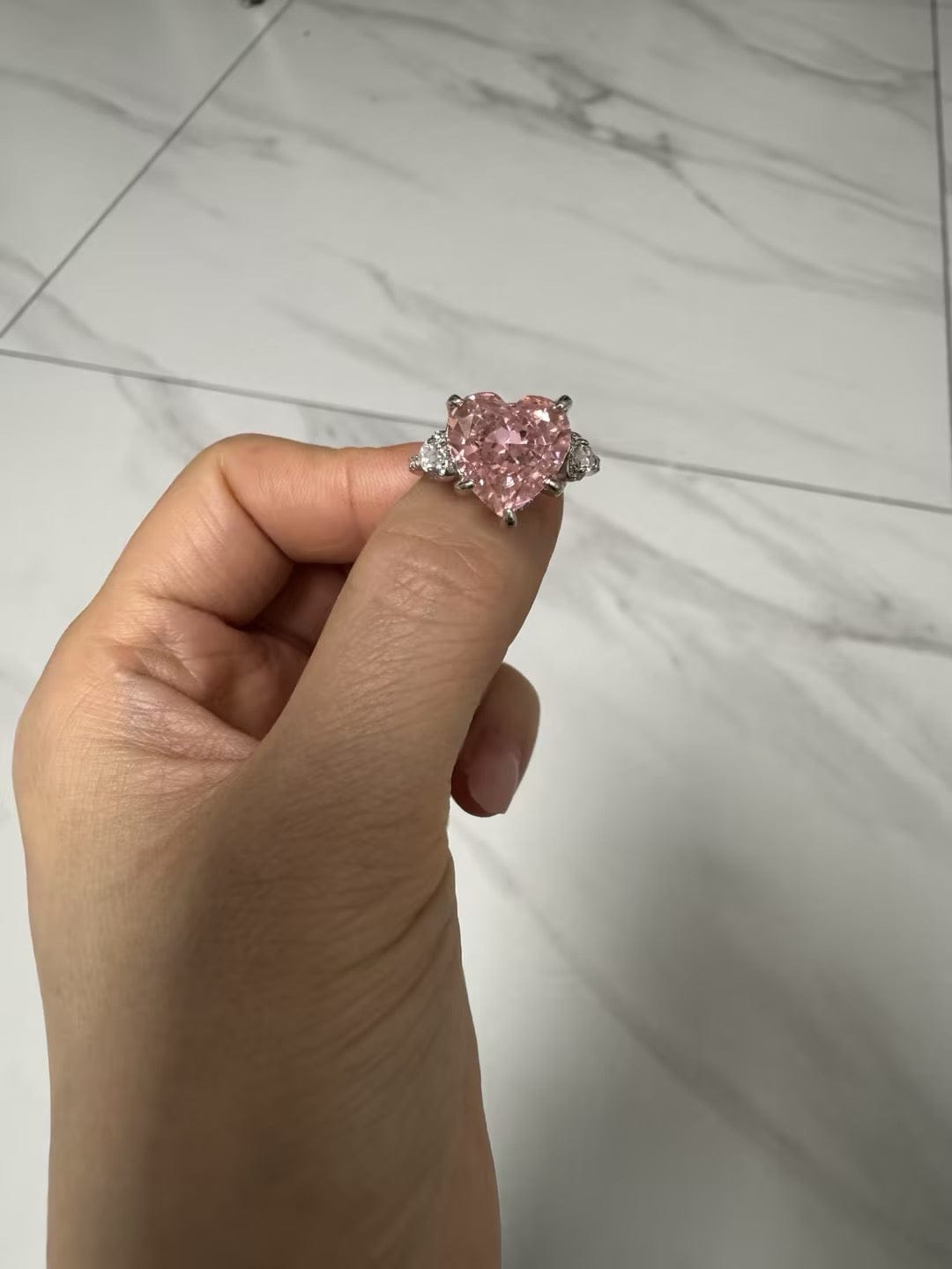 Customer photo review of S925 5.0Ct Heart Cut Royal Romantic Pink Stone Heart Cut Engagement Ring In Sterling Silver