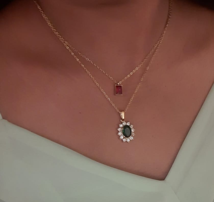 Customer photo review of Green Sapphire and Diamond Halo Pendant
