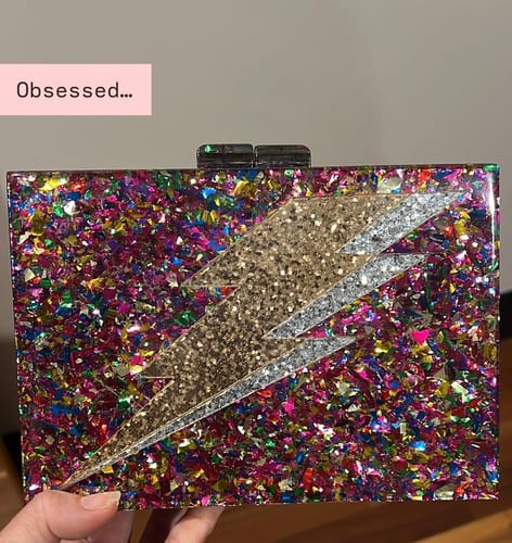 Customer photo review of Pink Rainbow confetti Lightening bolt clutch