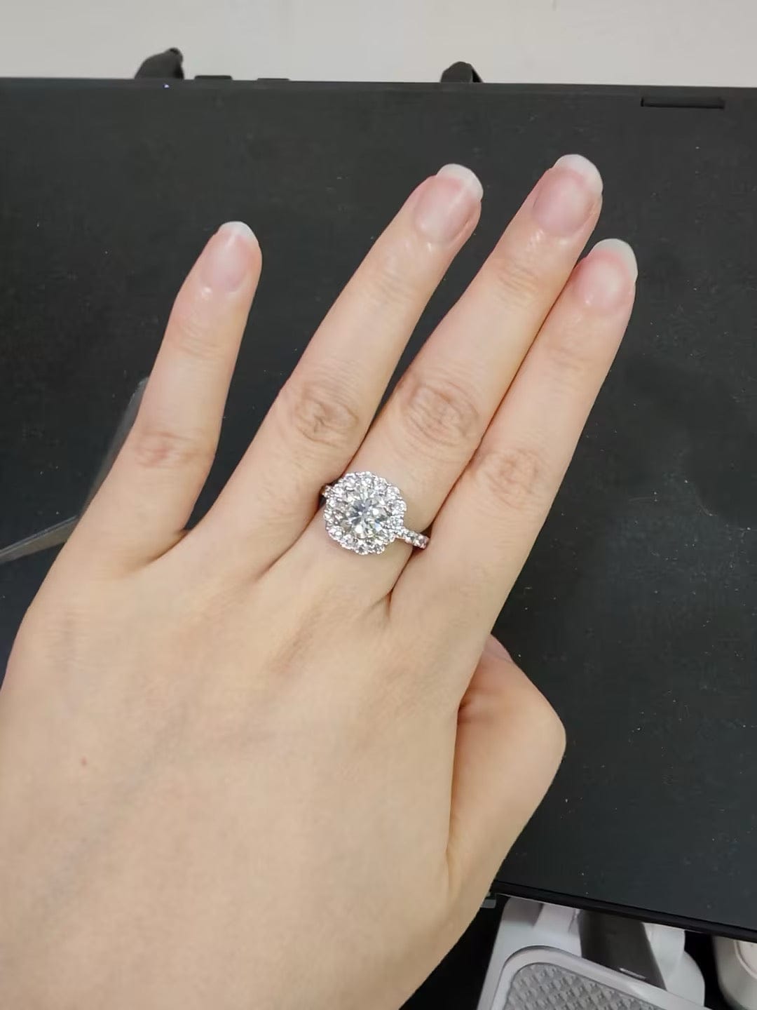 Customer photo review of S925 Moissanite 2.0 Carat Halo Round Cut Promise Ring Vintage Engagement Ring For Women