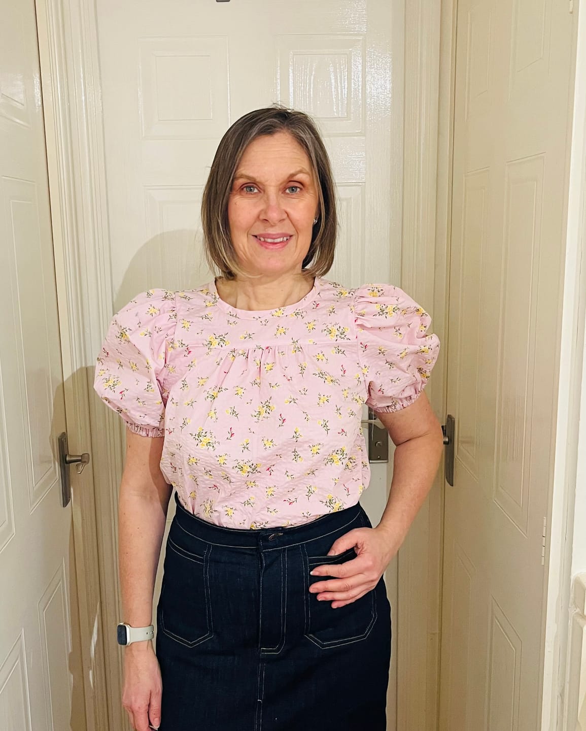 Customer photo review of Yellow and Pink Ditsy Flowers on Pink Seersucker Fabric