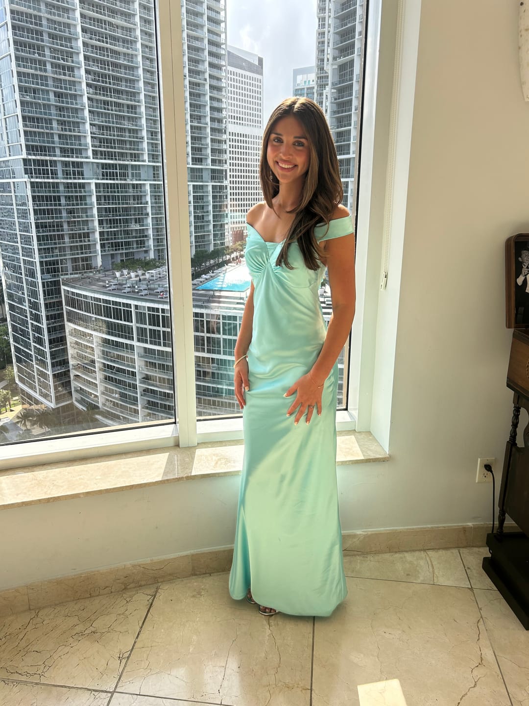 Customer photo review of Off the Shoulder Aqua Open Back Sheath Long Dress