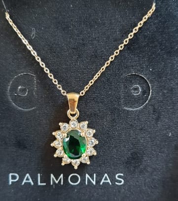 Customer photo review of Green Sapphire and Diamond Halo Pendant