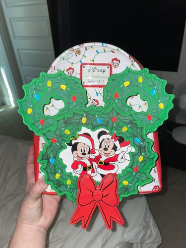 Customer photo review of Loungefly Disney Mickey And Friends Holiday Wreath Light Up Mini Backpack